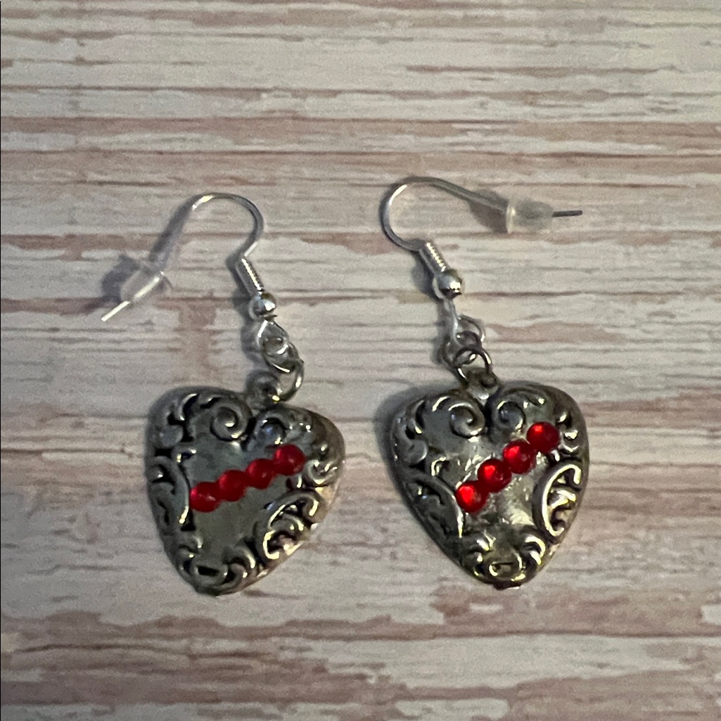 Nwt Heart Earrings With Red Rhinestones